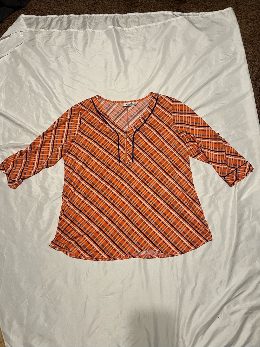 Kim Rogers Orange Plaid V-Neck Blouse with Navy Trim